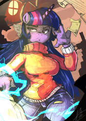 Size: 2893x4092 | Tagged: safe, artist:nxyde, imported from derpibooru, twilight sparkle, anthro, action pose, book, breasts, busty twilight sparkle, clothes, female, jeans, magic, manga style, scroll, solo, sweater, turtleneck