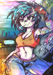 Size: 2893x4092 | Tagged: safe, artist:nxyde, imported from derpibooru, dj pon-3, vinyl scratch, anthro, unicorn, armpits, audience, belly button, belly piercing, bellyring, breasts, cigarette, clothes, concert, crowd, female, fingerless gloves, freckles, gloves, jeans, looking at you, mare, midriff, pants, piercing, silhouette, smiling, smoking, solo, solo focus, speaker, speakers, tanktop, tattoo, wristband