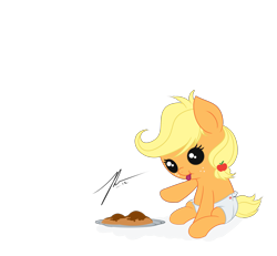 Size: 2700x2500 | Tagged: safe, artist:wreky, imported from derpibooru, applejack, pony, apple family reunion, apple fritter (food), baby, baby pony, babyjack, cute, diaper, female, filly, foal, jackabetes, solo