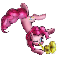 Size: 1000x1000 | Tagged: safe, artist:finalaspex, imported from derpibooru, pinkie pie, female, jumping, music, musical instrument, solo, trumpet