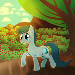 Size: 2000x2000 | Tagged: safe, artist:finalaspex, imported from derpibooru, oc, oc only, oc:slanderous mist, apple, apple tree, commission, smiling, solo, sweet apple acres, tree, trotting