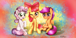 Size: 2000x1000 | Tagged: safe, artist:finalaspex, imported from derpibooru, apple bloom, scootaloo, sweetie belle, cutie mark crusaders, looking at you, sitting, smiling