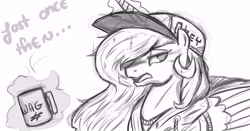 Size: 5511x2893 | Tagged: safe, artist:nxyde, imported from derpibooru, princess celestia, baseball cap, clothes, cup, dialogue, female, hat, hoodie, magic, monochrome, open mouth, solo, steam, sweater, telekinesis