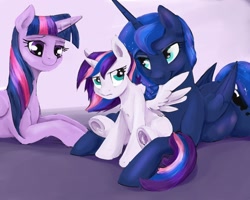 Size: 2000x1600 | Tagged: safe, artist:silfoe, imported from derpibooru, princess luna, twilight sparkle, oc, oc:eventide glisten, alicorn, pony, alicorn oc, assisted preening, cute, female, filly, fluffy, frown, grumpy, lesbian, magical lesbian spawn, mare, mother and daughter, offspring, parent:princess luna, parent:twilight sparkle, parents:twiluna, preening, pregnant, prone, shipping, smiling, spread wings, twilight sparkle (alicorn), twiluna, unamused, underhoof, watching