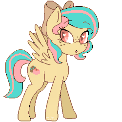 Size: 308x308 | Tagged: safe, artist:matteglaze, imported from derpibooru, oc, oc only, oc:vanilla ganache, pegasus, pony, animated, barely animated, bouncing, freckles, hair bow, pixel art, simple background, solo, transparent background, wingding eyes