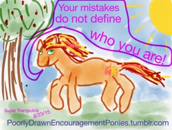 Size: 2048x1536 | Tagged: safe, artist:super trampoline, imported from derpibooru, sunset shimmer, pony, unicorn, female, galloping, outdoors, poorly drawn encouragement ponies, solo, sun, text, tree, tumblr