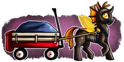 Size: 752x380 | Tagged: safe, artist:paintsplotch, imported from derpibooru, oc, oc only, changeling, fanfic:metamorphosis, ponies after people, orange changeling, saddle, wagon
