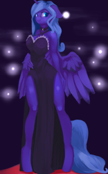 Size: 3744x6000 | Tagged: safe, artist:qweeli, imported from derpibooru, princess luna, alicorn, anthro, unguligrade anthro, clothes, collar, dress, female, looking at you, side slit, smiling, solo, standing