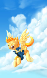 Size: 1121x1848 | Tagged: safe, artist:dstears, imported from derpibooru, spitfire, pegasus, pony, spitfire's day off, clothes, cloud, cloudy, eyes closed, female, flying, happy, jacket, shirt, solo