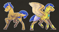 Size: 1507x832 | Tagged: safe, artist:zetapold, imported from derpibooru, flash sentry, pegasus, pony, armor, male, raised hoof, raised leg, royal guard, solo, spread wings, stallion, wings