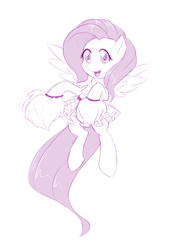 Size: 744x1100 | Tagged: safe, artist:dstears, imported from derpibooru, fluttershy, pegasus, pony, cheerleader, cheerleader outfit, clothes, female, flying, mare, monochrome, open mouth, pom pom, simple background, solo, spread wings, white background, wings