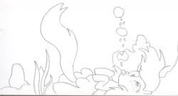 Size: 1560x845 | Tagged: safe, artist:barryfrommars, imported from derpibooru, derpy hooves, pegasus, pony, blowing bubbles, bubble, female, mare, monochrome, solo, traditional art, underwater