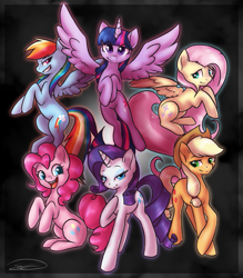 Size: 1053x1200 | Tagged: safe, artist:doekitty, imported from derpibooru, applejack, fluttershy, pinkie pie, rainbow dash, rarity, twilight sparkle, alicorn, pony, female, group shot, looking at you, mane six, mare, simple background, spread wings, twilight sparkle (alicorn), wings