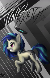 Size: 1229x1900 | Tagged: safe, artist:frisky, imported from derpibooru, dj pon-3, vinyl scratch, female, poster, record, simple background, solo