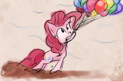 Size: 1024x670 | Tagged: safe, artist:animestrife009, imported from derpibooru, pinkie pie, balloon, dirt, dragging, female, mouth hold, solo, sweat