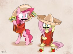 Size: 1280x936 | Tagged: safe, artist:animestrife009, imported from derpibooru, fluttershy, pinkie pie, pony, bipedal, clothes, fake moustache, maracas, moustache, musical instrument, poncho, prehensile mane, shaking, sombrero