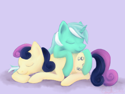 Size: 1600x1200 | Tagged: safe, artist:causticeichor, imported from derpibooru, bon bon, lyra heartstrings, sweetie drops, butt pillow, cuddling, female, lesbian, lyrabon, shipping, simple background, snuggling