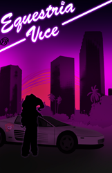 Size: 966x1492 | Tagged: safe, artist:frisky, imported from derpibooru, pinkie pie, equestria girls, car, equestria vice, female, ferrari, ferrari testarossa, miami, miami vice, palm tree, parody, poster, skyscraper, solo, supercar