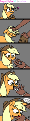 Size: 1000x4000 | Tagged: safe, artist:mushroomcookiebear, imported from derpibooru, applejack, human, bracelet, comic, cute, dark skin, disembodied hand, ear scratch, hand, heart, horses doing horse things, jackabetes, licking, smiling, sugarcube, tongue out