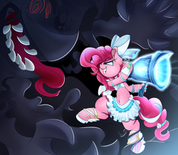Size: 3500x3050 | Tagged: safe, artist:madacon, imported from derpibooru, pinkie pie, anthro, unguligrade anthro, belly button, midriff, monster, weapon