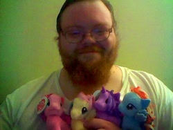 Size: 640x480 | Tagged: safe, imported from derpibooru, fluttershy, pinkie pie, rainbow dash, twilight sparkle, human, beard, brony, clothes, funrise, glasses, irl, irl human, photo, plushie, redhead, t-shirt, toy