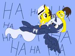 Size: 4608x3456 | Tagged: safe, artist:adkead80, imported from derpibooru, oc, oc only, oc:adam, oc:holly, alicorn, earth pony, pony, alicorn oc, blue background, clothes, estories, feather, fedora, hat, laughing, open mouth, simple background, smiling, spread wings, this will end in tears, tickling