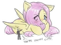 Size: 496x367 | Tagged: safe, artist:alloyrabbit, imported from derpibooru, fluttershy, oc, oc:anon, human, pony, blushing, captain obvious, cute, dialogue, embarrassed, giant pony, macro, size difference, truth