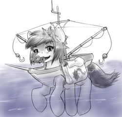 Size: 1085x1036 | Tagged: safe, artist:alloyrabbit, imported from derpibooru, boatpony, original species, pony, bag, battleship ponies, ear fluff, giant pony, hook, human ponidox, humanized, humans riding ponies, macro, mine, minelayer, monochrome, ocean, riding, sea mine, sharp teeth, three quarter view, water