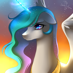 Size: 900x900 | Tagged: safe, artist:jacky-bunny, imported from derpibooru, princess celestia, alicorn, pony, bust, female, glowing horn, horn, mare, signature, solo