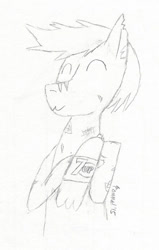 Size: 548x864 | Tagged: safe, artist:pommelsketches, imported from derpibooru, oc, oc only, oc:murky, fallout equestria, fallout equestria: murky number seven, 7up, :3, monochrome, pencil drawing, product placement, solo, traditional art