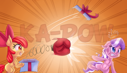 Size: 4000x2324 | Tagged: safe, artist:discorded, imported from derpibooru, apple bloom, diamond tiara, boxing glove, boxing gloves, derp, prank, tiarabuse