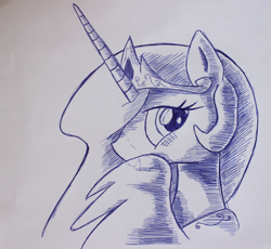 Size: 870x800 | Tagged: safe, artist:inkygarden, imported from derpibooru, princess celestia, ballpoint pen, blushing, female, looking at you, monochrome, sketch, solo, traditional art