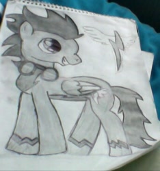 Size: 343x366 | Tagged: safe, artist:foxy fazbear, imported from derpibooru, soarin', pony, backwards cutie mark, male, monochrome, photo, solo, traditional art