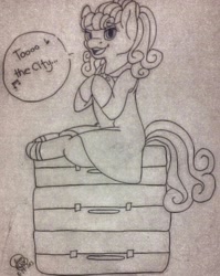 Size: 1536x1929 | Tagged: safe, artist:shinako-tan, imported from derpibooru, carrot top, golden harvest, equestria daily, challenge, clothes, cute, dress, female, monochrome, packing, pen drawing, singing, solo, suitcase, traditional art