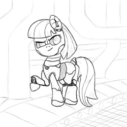 Size: 700x700 | Tagged: source needed, safe, artist:slamjam, imported from derpibooru, coco pommel, pony, robot, robot pony, coco bot, conveyor belt, factory, female, monochrome, raised hoof, robo pommel, smirk, solo