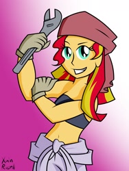 Size: 1800x2400 | Tagged: safe, artist:xain-russell, imported from derpibooru, sunset shimmer, ask sunset the otaku, equestria girls, belly button, clothes, cosplay, costume, female, fullmetal alchemist, midriff, solo, winry rockbell