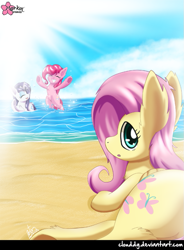 Size: 663x900 | Tagged: safe, artist:clouddg, imported from derpibooru, fluttershy, pinkie pie, rarity, earth pony, pegasus, pony, unicorn, beach, fluffy, ocean, solo focus, trio