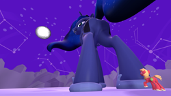 Size: 1920x1080 | Tagged: safe, artist:gmodpon-e, imported from derpibooru, big macintosh, princess luna, earth pony, pony, 3d, featureless crotch, giant pony, looking up, macro, male, moon, stallion, stare