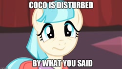 Size: 888x500 | Tagged: safe, edit, imported from derpibooru, screencap, coco pommel, rarity takes manehattan, female, image macro, meme, reaction image, solo, text