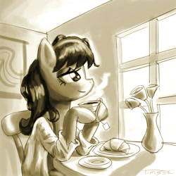 Size: 1000x1000 | Tagged: dead source, safe, artist:pluckyninja, imported from derpibooru, octavia melody, earth pony, pony, bed mane, bedroom eyes, chair, clothes, croissant, cup, drink, female, flower, food, mare, monochrome, morning, morning ponies, plate, sitting, smiling, solo, table, tea, vase, vest, window