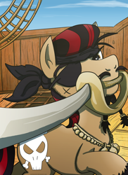 Size: 2550x3507 | Tagged: safe, artist:autobotchari, idw, imported from derpibooru, captain hoofbeard, eyepatch, mouth hold, pirate, ship, solo, sword