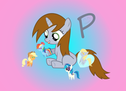 Size: 3819x2778 | Tagged: artist needed, source needed, safe, imported from derpibooru, applejack, derpy hooves, dj pon-3, rainbow dash, vinyl scratch, oc, oc:littlepip, pony, unicorn, fallout equestria, :p, cute, female, filly, heart pillow, pipabetes, playing, pointy ponies, pony dolls, tongue out, toy