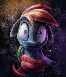 Size: 900x1043 | Tagged: safe, artist:tsitra360, imported from derpibooru, rainbow dash, pegasus, pony, tanks for the memories, 30 minute art challenge, clothes, crying, epic, female, floppy ears, mare, scarf, signature, snow, snowfall, solo, teary eyes