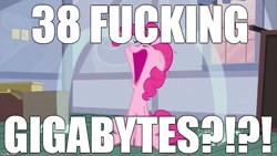 Size: 888x500 | Tagged: safe, imported from derpibooru, pinkie pie, crying, gigabytes, image macro, meme, obligatory pony, vulgar