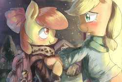 Size: 1748x1181 | Tagged: safe, artist:magiace, imported from derpibooru, apple bloom, applejack, pegasus, pony, adorabloom, applejack's hat, backpack, bipedal, blushing, bow, clothes, cowboy hat, crying, cute, duo, eye contact, female, hair bow, hat, jackabetes, lidded eyes, looking at each other, mare, older, plushie, scarf, smiling, snow, snowfall, sweater, tears of joy, teary eyes, turtleneck, winter outfit