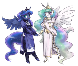 Size: 1280x1084 | Tagged: safe, artist:king-kakapo, imported from derpibooru, princess celestia, princess luna, anthro, unguligrade anthro, arm hooves, clothes, dress, looking at you, open mouth, side slit