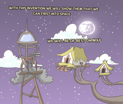 Size: 1280x1086 | Tagged: safe, artist:switchy, imported from derpibooru, griffon, astronaut, griffonstone, mare in the moon, moon, night, rocket, space program, tree branch, treehouse