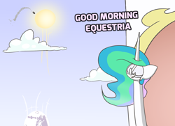 Size: 1280x927 | Tagged: safe, artist:switchy, imported from derpibooru, princess celestia, eyes closed, female, long neck, mare in the moon, moon, rocket, solo, sun, sun work