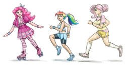 Size: 1600x853 | Tagged: safe, artist:king-kakapo, imported from derpibooru, fluttershy, pinkie pie, rainbow dash, human, clothes, dress, humanized, jogging, midriff, roller skates, shorts, skirt, sneakers, sneakers fetish, socks