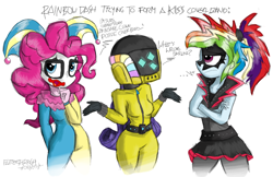 Size: 1400x905 | Tagged: safe, artist:flutterthrash, imported from derpibooru, pinkie pie, rainbow dash, rarity, equestria girls, rainbow rocks, clothes, clown, comically missing the point, costume, daft punk, daft rarity, darling, face paint, gene simmons, glam metal, glam rock, guy-manuel de homem-christo, heavy metal, insane clown posse, kiss (band), makeup, rainbow dash always dresses in style, rainbow dash is not amused, rock, rock (music), trio, unamused